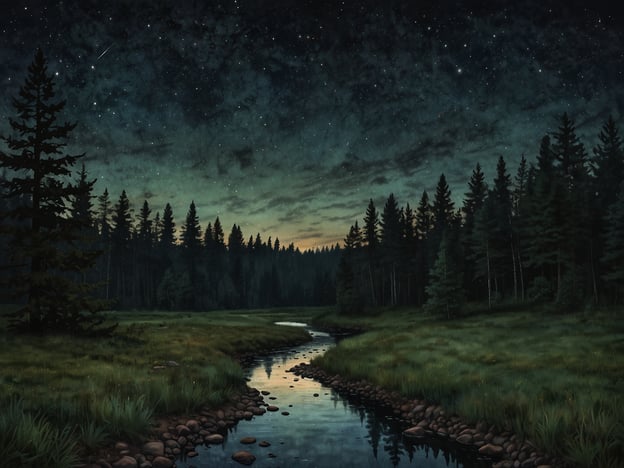 Auf dem Bild ist eine ruhige Landschaft bei Nacht zu sehen. Ein klarer, spiegelnder Fluss schlängelt sich durch grüne Wiesen und wird von hohen, dunklen Bäumen gesäumt. Der Nachthimmel ist mit vielen Sternen und einer zarten Farbtonung am Horizont geschmückt, die auf das Aufeinandertreffen von Erde und Himmel hinweist. Diese Szenerie vermittelt ein Gefühl von Ruhe und Harmonie mit der Natur, wo sich die Elemente Wasser, Erde und Himmel zu einer perfekten Einheit verbinden.