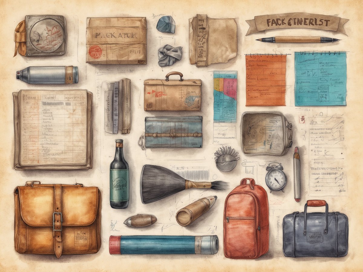 Auf dem Bild sind verschiedene Reiseutensilien und Materialien angeordnet, die für eine Reise nach Perth nützlich sein können. Dazu gehören einige Taschen, eine Flasche, Notizblätter, eine Uhr, eine Pinsel, ein Kompass, sowie verschiedene weitere Gegenstände wie eine Karte und mehrere Stifte. Die Darstellung zeigt eine Mischung aus personalisierten und funktionalen Gegenständen, die organisiert und übersichtlich angeordnet sind, um eine Packliste für die Reise zu visualisieren. Die Farbpalette ist weich und einladend, was ein Gefühl der Vorfreude auf die bevorstehende Reise vermittelt.