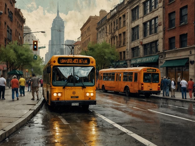 Auf dem Bild sind zwei Busse auf einer belebten Straße zu sehen, umgeben von Menschen. Der vordere Bus ist gelb, während der hintere orange ist. Im Hintergrund ragt ein hoher Wolkenkratzer, wahrscheinlich das Empire State Building, auf. Die Straße scheint nass zu sein, als ob es kürzlich geregnet hat. 

Um sich an diesem Ort zu orientieren, könnte man eine Navigations-App verwenden, um die genaue Lage zu finden oder die besten Routen zu planen, um dorthin zu gelangen. In einer Karten-App könnte man auch die Umgebung erkunden und weitere Sehenswürdigkeiten in der Nähe entdecken.