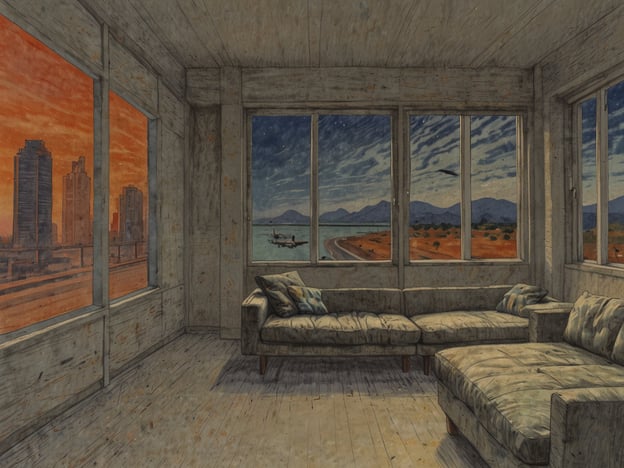 Auf dem Bild ist ein Innenraum ersichtlich, der eine gemütliche Couch zeigt. Durch die großen Fenster hat man einen Blick auf eine Stadtlandschaft, die zur einen Seite in ein oranges Licht getaucht ist, während auf der anderen Seite ein nächtlicher Himmel mit Wolken und einem Flugzeug zu sehen ist. 

Jetlag beschreibt das Gefühl der Ermüdung und des Unwohlseins, das auftritt, wenn man schnell über mehrere Zeitzonen hinweg reist. Er entsteht, weil die innere biologische Uhr des Körpers nicht mit der neuen Zeitzone synchronisiert ist, was zu Störungen im Schlaf-Wach-Rhythmus führt. Symptome sind Müdigkeit, Konzentrationsschwierigkeiten und Schlafstörungen.