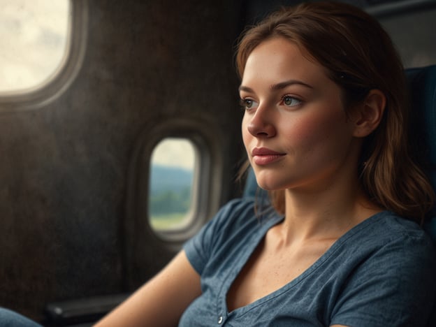 Auf dem Bild ist eine junge Frau zu sehen, die in einem Flugzeugfenster sitzt. Sie schaut nachdenklich aus dem Fenster. Man könnte sagen, dass sie eine ruhige Momentaufnahme der Ankunft am Zielort einfängt, während sie möglicherweise über die bevorstehenden Abenteuer oder Erfahrungen nachdenkt.