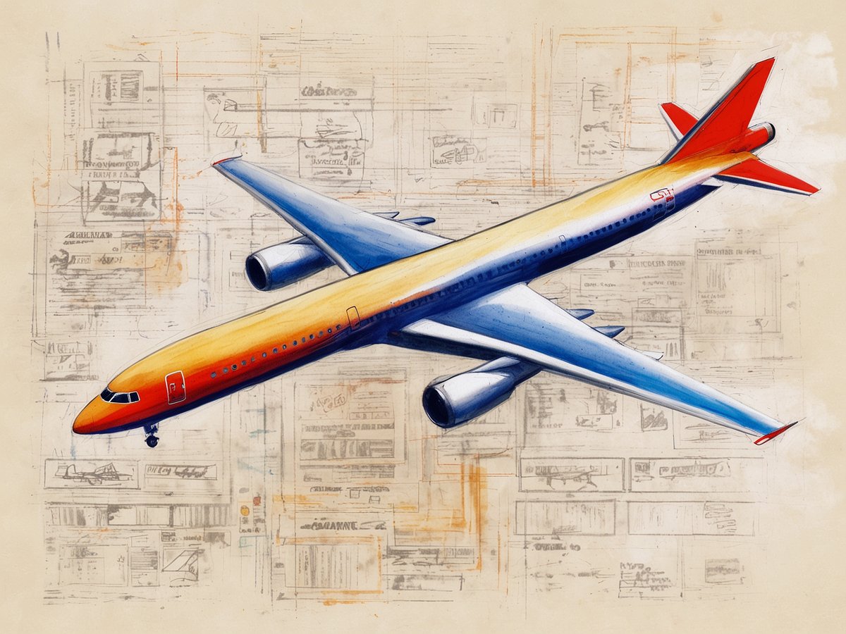 Ein buntes Flugzeug schwebt über einem Hintergrund aus verschiedenen technischen Skizzen und Notizen zum Thema Luftfahrt. Das Flugzeug zeigt eine rot-orangene und blaue Farbgestaltung. Die Illustration vermittelt ein Gefühl von Reisen und Abenteuer. Diese Darstellung könnte symbolisch für die Suche nach den besten Flügen nach Canberra stehen.