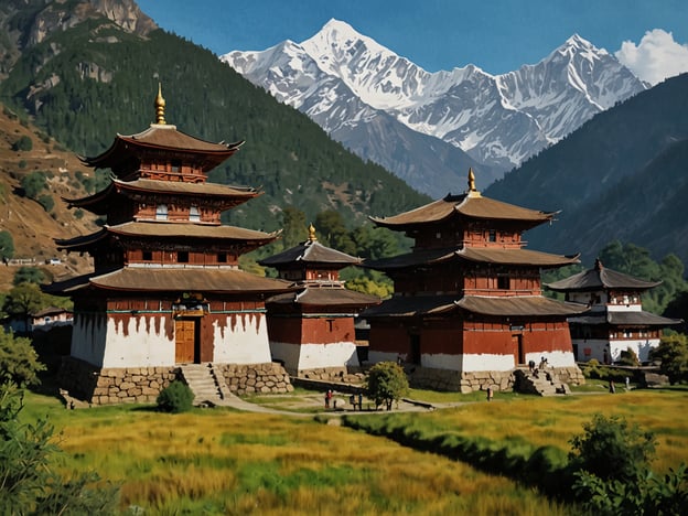 Auf dem Bild sind beeindruckende Tempel zu sehen, die von majestätischen, schneebedeckten Bergen umgeben sind. In Asien gibt es viele wunderschöne Wanderwege, die solche malerischen Landschaften bieten. Ein besonders bekannter Wanderweg ist der Annapurna Circuit in Nepal, der atemberaubende Ausblicke auf die Himalaya-Kette ermöglicht und vorbei an traditionellen Dörfern und kulturellen Stätten führt. Ein weiterer toller Wanderweg ist der Bhutan Trek um den Tiger