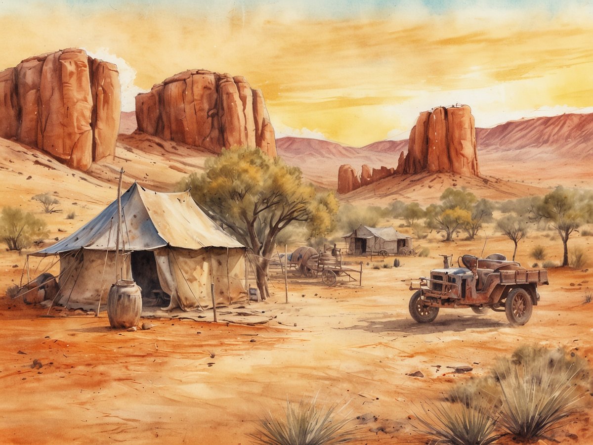 Die Szene zeigt eine malerische Wüstenlandschaft mit großen, rot-orangefarbenen Felsen im Hintergrund. Im Vordergrund steht ein einfaches Zelt aus Lichtmaterial, umgeben von einer kargen Fläche, die von trockenem Gras und einigen Sträuchern geprägt ist. Neben dem Zelt befindet sich ein alter, rostiger Geländewagen, der auf dem staubigen Boden parkt. In der Nähe sind einige Bäume und ein kleiner Schuppen sichtbar, der ein ländliches Setting vervollständigt. Die Farben der Szene sind warm und strahlend, was die einzigartige Stimmung der australischen Wüste widerspiegelt. Alice Springs ist ein hervorragender Ort, um die Schönheit und Weite der Natur zu erleben und die faszinierende Kultur der Aborigines kennenzulernen.