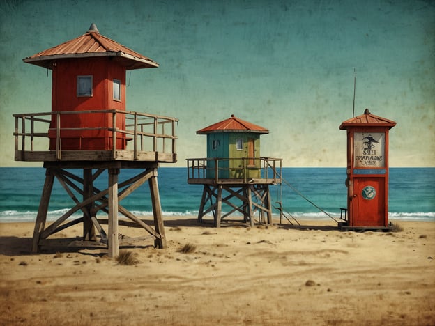 Auf dem Bild sind mehrere Rettungstürme am Strand zu sehen. Diese Türme sind in verschiedenen Farben und stehen auf Stelzen. Sie sind dafür da, die Sicherheit der Badegäste zu gewährleisten. Solche Türme sind wichtig, um Schwimmer im Auge zu behalten und im Notfall schnell reagieren zu können. Der Strand hat eine schöne, ruhige Atmosphäre und das Meer im Hintergrund ist sanft sichtbar. Es ist wichtig, beim Baden auf die Hinweise der Rettungsschwimmer zu achten, um Unfälle zu vermeiden.