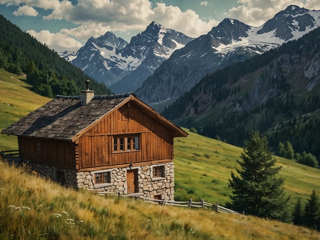 Auf dem Bild ist ein malerisches Holzhaus in einer bergigen Landschaft mit grünen Wiesen und schneebedeckten Bergen im Hintergrund zu sehen. Solche idyllischen Szenen sind charakteristisch für viele beliebte Skigebiete in Europa wie Zermatt in der Schweiz oder St. Anton in Österreich. Die Kombination aus alpiner Architektur und beeindruckender Natur schafft eine einladende Atmosphäre für Wintersportler und Naturliebhaber.