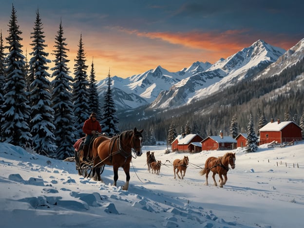 Auf dem Bild sind Winteraktivitäten abseits der Piste zu sehen. Ein Reiter fährt mit einem Pferd durch eine verschneite Landschaft, umgeben von hohen Tannen und malerischen roten Hütten. Ein weiteres Gespann von Pferden zieht einen Schlitten oder Wagen durch den tiefen Schnee, was auf eine rustikale Winterfahrung hinweist. Diese Szenerie vermittelt eine friedliche, ländliche Atmosphäre und zeigt, wie man den Winter aktiv in der Natur genießen kann, sei es beim Pferdeschlittenfahren oder beim Ausritt durch die verschneite Umgebung.