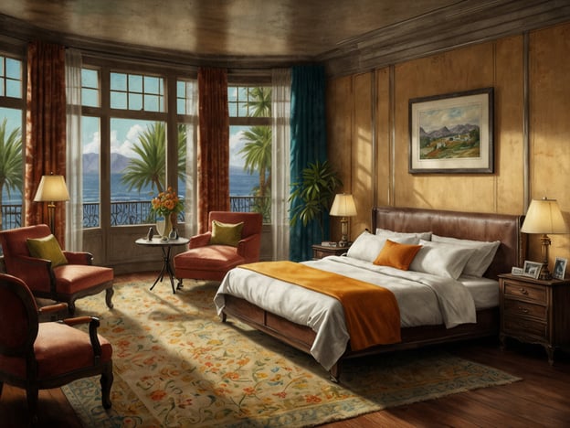 Auf dem Bild ist ein elegantes und stilvolles Zimmer zu sehen, das Luxus und Komfort an Bord vermittelt. Die große Fensterfront bietet einen herrlichen Blick auf die Palmen und das Meer, was ein Gefühl von Weite und Entspannung schafft. Die Einrichtung ist geschmackvoll, mit komfortablen Sesseln, einem großzügigen Bett und warmen Farben, die eine einladende Atmosphäre erzeugen. Ein schöner Teppich und dekorative Lichtquellen tragen zusätzlich zum luxuriösen Ambiente bei. Insgesamt strahlt der Raum eine harmonische und entspannende Eleganz aus.