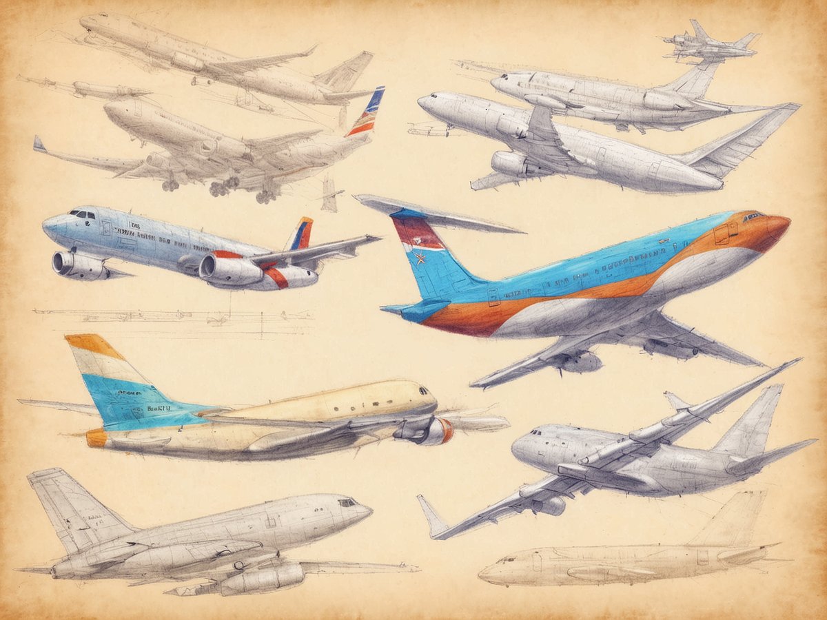 Das Bild zeigt eine zusammenstellte Illustration von verschiedenen Flugzeugen in unterschiedlichen Perspektiven. Zu sehen sind mehrere Flugzeugmodelle, die skizzenhaft dargestellt sind, einige mit farbigen Akzenten. Die Flugzeuge scheinen aus verschiedenen Epochen und von unterschiedlichen Fluggesellschaften zu stammen. Der Hintergrund ist in einem sanften, beige Farbton gehalten, was einen Vintage-Look erzeugt.
