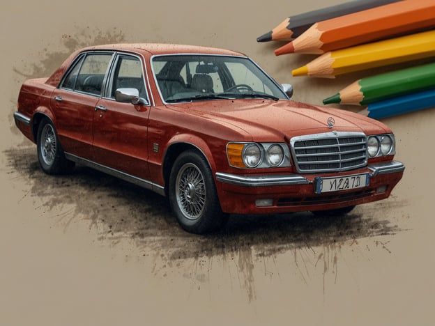 Auf dem Bild ist ein roter Mercedes-Benz zu sehen, der im Mittelpunkt steht. Er hat ein klassisches Design mit einer eleganten Karosserie und verchromten Details, was auf einen hohen Komfort und Stil hinweist. 

Im Hintergrund befinden sich mehrere Buntstifte in verschiedenen Farben, die auf kreative Aktivitäten hindeuten. Diese könnten zum Beispiel für Zeichnungen oder Illustrationen verwendet werden. Dieses Bild kombiniert also Automobilkunst mit der Idee des kreativen Schaffens, was vielfältige Unterhaltungsmöglichkeiten bietet, wie das Zeichnen des Autos oder das Gestalten von kunstvollen Postkarten.