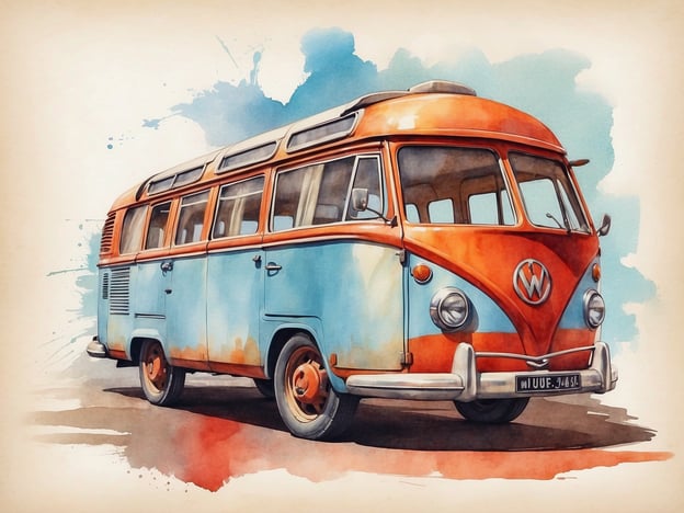 Auf dem Bild ist ein VW-Bus zu sehen, der in einer bunten Wasserfarben-Illustration dargestellt ist. Der Bus hat ein nostalgisches Design in Blau und Orange, das an die 1960er und 1970er Jahre erinnert.

### Tipps für den Besuch:
1. **Erforschen Sie die Umgebung:** Wenn Sie einen ähnlichen Volkswagen-Bus sehen, nutzen Sie die Gelegenheit, Fotos zu machen und das Fahrzeug aus verschiedenen Winkeln zu betrachten.
2. **Besichtigen Sie Oldtimer-Treffen:** Schauen Sie nach Veranstaltungen oder Treffen von Oldtimern in Ihrer Nähe, um mehr über solche ikonischen Fahrzeuge zu erfahren.
3. **Fahrzeuggeschichte kennenlernen:** Informieren Sie sich über die Geschichte des VW-Bus, seine verschiedenen Modelle und dessen Bedeutung in der Popkultur.
4. **Probestellen:** Wenn möglich, können Sie einen ähnlichen VW-Bus mieten, um selbst eine nostalgische Fahrt zu erleben.
5. **Fotomöglichkeiten:** Nutzen Sie ansprechende Locations für tolle Fotos mit Oldtimern.