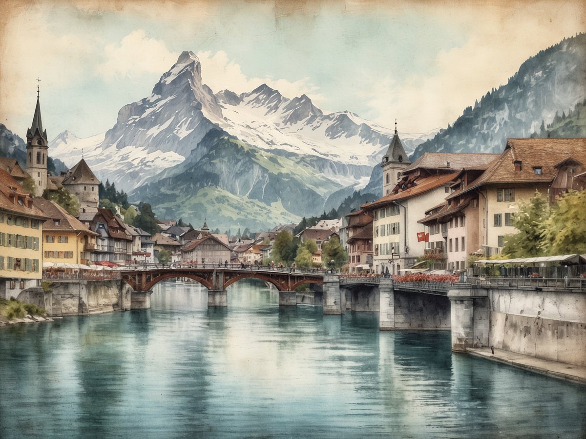 Das Bild zeigt einen malerischen Ausblick auf die Stadt Luzern mit der eindrucksvollen Kulisse der Berge im Hintergrund. Die sanften Hügel sind mit schneebedeckten Gipfeln geschmückt, während der klar blaue Himmel eine friedliche Atmosphäre schafft. Im Vordergrund fließt ein ruhiger Fluss, der die farbenfrohen Gebäude am Ufer widerspiegelt. Die Architektur ist typisch für die Region mit traditionellen, charmanten Häusern und einem geschwungenen Brückenbauwerk, welches die beiden Ufer verbindet. Kleine Cafés und Restaurants laden zum Verweilen ein, während Touristen die Schönheit und die Geschichte der Stadt genießen. Dieses Bild ist ein eindrucksvolles Beispiel für die einzigartige Verbindung von Natur und Urbanität, die Luzern zu einem unvergesslichen Reiseziel macht.