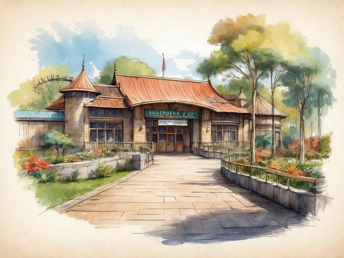 Das Bild zeigt den Eingang zum Tierpark Hagenbeck, ein historisches Gebäude mit einer markanten roten Dachkonstruktion und stilvollen Turmspitzen. Um das Gebäude herum sind gepflegte Grünflächen mit bunten Blumen und Bäumen zu sehen. Der Eingangsbereich wirkt einladend und harmonisch in die umgebende Natur integriert. Der Schriftzug "Hagenbeck F.Z.O." ist deutlich sichtbar über dem Eingang.