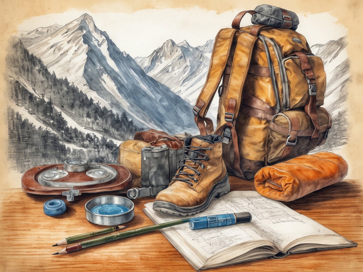 Auf dem Bild sind verschiedene Gegenstände zu sehen, die sich auf eine Reise ins Berner Oberland vorbereiten. Im Vordergrund liegt ein aufgeschlagenes Notizbuch, daneben befinden sich ein blauer Kompass, zwei grüne Bleistifte und eine Taschenlampe. Eine orange Isolierrolle und ein Rucksack sind ebenfalls abgebildet. Zu den abgebildeten Wanderschuhen gehört ein Wanderschuh, der auf dem Tisch steht. Im Hintergrund sind majestätische Berge und eine bewaldete Landschaft zu sehen, die die alpine Umgebung widerspiegeln.