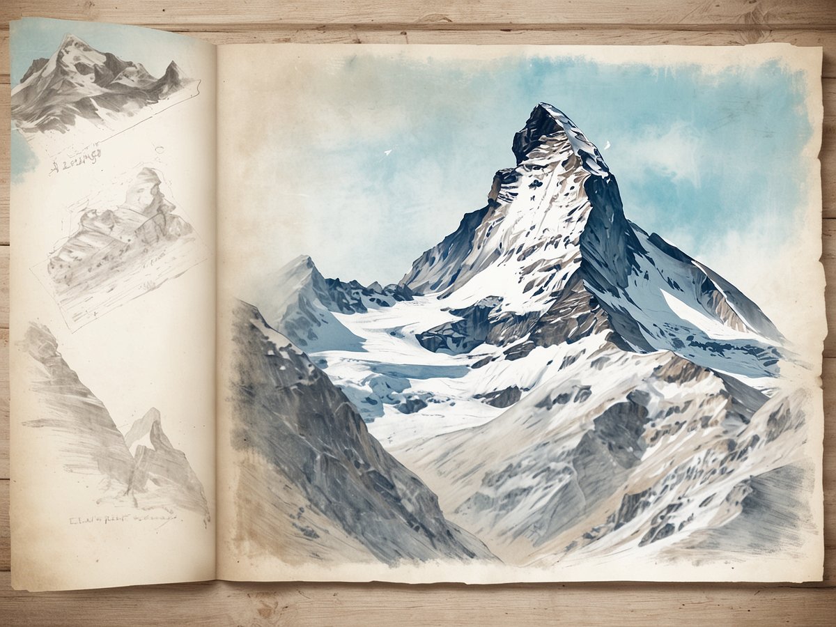 Ein beeindruckendes, watercolor-artiges Bild des Matterhorns zeigt den majestätischen Gipfel mit schneebedeckten Flanken und einem strahlend blauen Himmel im Hintergrund. Links sind skizzenhafte Darstellungen von Bergen zu sehen, die den künstlerischen Prozess der Darstellung der Alpenlandschaft widerspiegeln. Diese Szenerie lädt dazu ein, die atemberaubende Natur Zermatts zu erleben, wo der berühmte Berg einer der bekanntesten Wahrzeichen der Schweiz ist. Die Umgebung bietet zahlreiche Wander- und Skimöglichkeiten sowie eine einzigartige alpine Atmosphäre, die jeden Besucher in ihren Bann zieht.