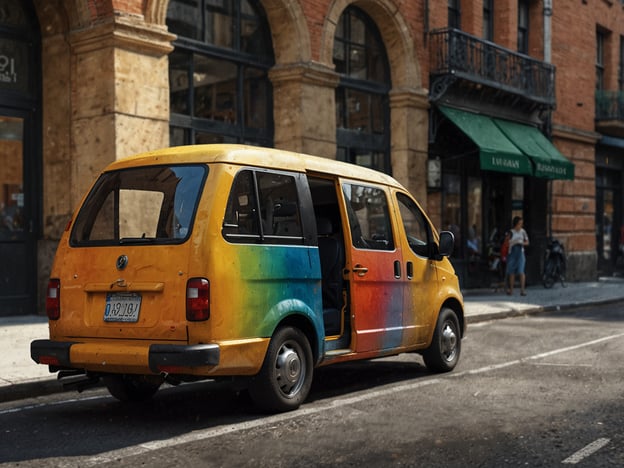 Auf dem Bild ist ein bunt bemalter Kleintransporter zu sehen, der am Straßenrand parkt. Solche Fahrzeuge werden oft für die Personenbeförderung oder als Transportmittel in der Stadt genutzt. Dieser spezielle Van könnte als Taxi oder Shuttle-Dienst fungieren, um Passagiere innerhalb der Stadt zu transportieren. 

Die Umgebung zeigt eine städtische Atmosphäre mit Geschäften und Gehwegen, wo Fußgänger sich bewegen können. Außerdem ist ein Fahrrad abgestellt, was eine weitere Möglichkeit der Fortbewegung innerhalb der Stadt darstellt. Insgesamt vermittelt das Bild einen Eindruck von lebhaftem urbanem Leben und verschiedenen Fortbewegungsmöglichkeiten.