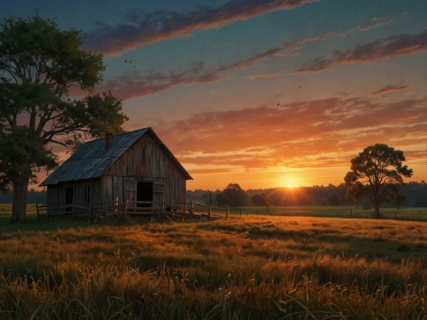 Auf dem Bild ist eine malerische Landschaft zu sehen, die Ruhe und Frieden ausstrahlt. Im Vordergrund steht eine alte, rustikale Scheune, umgeben von hohem, goldenem Gras. Im Hintergrund erhellt die aufgehende Sonne den Himmel mit warmen Farbnuancen und erzeugt eine harmonische Atmosphäre. Diese Szenerie lädt dazu ein, dem Alltagsstress zu entfliehen und die natürliche Schönheit der Umgebung zu genießen.