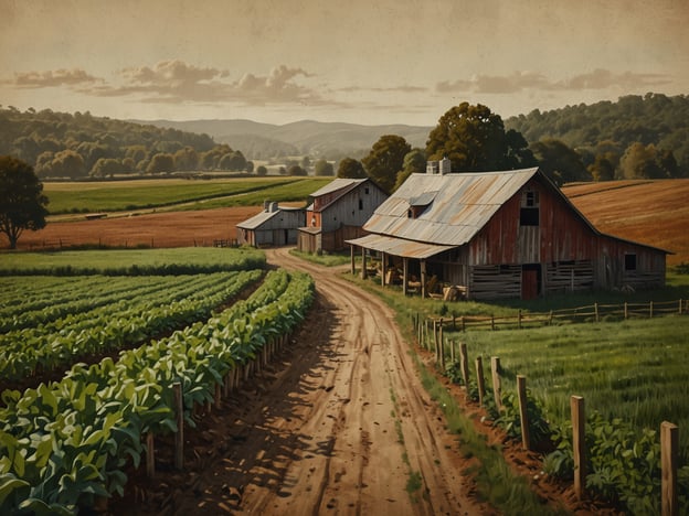 Auf dem Bild ist eine ländliche Szene mit einem Bauernhof und weitläufigen Feldern zu sehen. Diese Darstellung könnte auf nachhaltige Landwirtschaft hinweisen, wo ökologische Anbaumethoden Anwendung finden. Solche Höfe fördern einen bewussten Konsum, da sie frische, lokal produzierte Lebensmittel anbieten, die oft umweltfreundlicher sind als industriell hergestellte Produkte.

Das Bild vermittelt eine Verbindung zur Natur und betont die Wichtigkeit, Ressourcen nachhaltig zu nutzen. Ein bewusster Konsum umfasst auch die Unterstützung lokaler Erzeuger, was die regionalen Wirtschaften stärkt und den ökologischen Fußabdruck verringert.