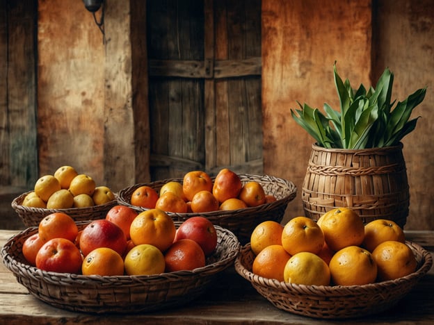 Auf dem Bild sind verschiedene Obstsorten in geflochtenen Körben zu sehen. Darunter befinden sich Orangencitrusfrüchte, Äpfel und einige gelbe Früchte. Zudem steht in einem Korb eine Pflanze mit langen grünen Blättern. Die warme, rustikale Umgebung und die Verwendung von Naturmaterialien, wie Holz und Rohrgeflecht, spiegeln eine kulturelle Vielfalt wider, die mit der Tradition des Anbaus und der Präsentation von Lebensmitteln verbunden ist. Solche Darstellungen können auch die Bedeutung von regionalen Erzeugnissen aus verschiedenen Kulturen hervorheben.