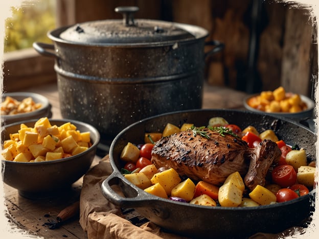 Auf dem Bild ist eine köstliche Mahlzeit zu sehen, die offensichtlich für das Kochen unterwegs vorbereitet wurde. In einer großen Pfanne liegt ein Brathähnchen, umgeben von buntem Gemüse wie Kartoffeln, Karotten und Tomaten. Darüber hinaus sind mehrere Schalen mit weiteren gewürfelten Kartoffeln und anderen Zutaten zu sehen, die ebenfalls für das Kochen unterwegs geeignet sind. Die rustikale Umgebung mit Holz und Metallgeschirr verstärkt den Eindruck einer einfachen, aber herzhaften Verpflegung in der Natur.