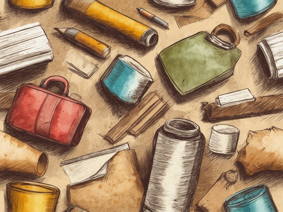 Das Bild zeigt eine Vielzahl von verschiedenen Gegenständen, die auf einem sandfarbenen Untergrund verteilt sind. Zu sehen sind unter anderem eine rote Tasche, mehrere verschiedenfarbige Flaschen, darunter eine grüne und eine blaue, sowie einige Stifte und Papierstücke. Es liegen auch Holzstäbe und einige weitere unidentifizierbare Objekte herum. Die Szene hat einen handgezeichneten, skizzenhaften Stil.