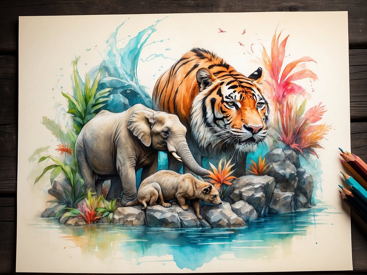 Auf dem Bild sind drei Tiere zu sehen, die an einem Wasserlauf stehen. Ein kleiner Elefant steht links, während ein Tiger majestätisch in der Mitte positioniert ist. Vor dem Elefanten ist ein kleiner Hund zu sehen, der sich neugierig über die Wasseroberfläche beugt. Umgeben sind die Tiere von üppigem, buntem Pflanzenwerk, das tropische Elemente ausstrahlt. Der Hintergrund zeigt einen sanften Farbverlauf, der das Gesamtbild harmonisch abrundet.