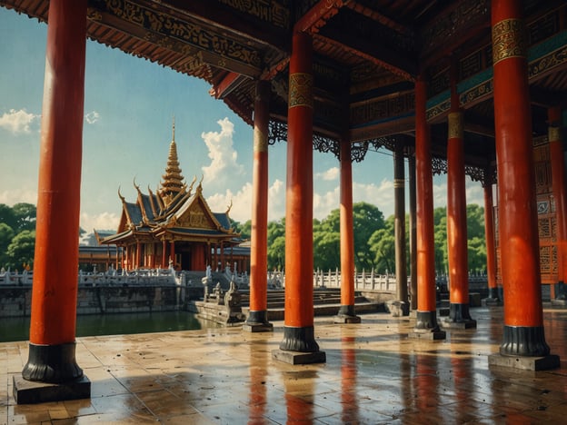 Auf dem Bild ist ein prachtvoller Tempel oder Palast zu sehen, der typisch für asiatische Architektur ist. Die roten Säulen und das spitze Dach weisen auf einen Baustil hin, der in Ländern wie Thailand oder China verbreitet ist. Solche Gebäude sind oftmals Teil von Tempelanlagen oder historischen Stätten, die zu den Must-See Orten in Asien zählen, wie zum Beispiel der Wat Phra Kaew in Bangkok oder der Sommerpalast in Peking. Die harmonische Integration mit der Natur und das besondere Licht verleihen der Szenerie eine friedliche Ausstrahlung.