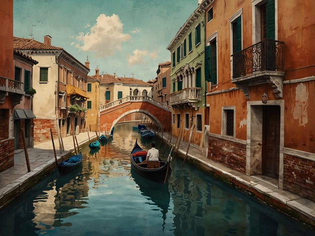 Auf dem Bild ist eine romantische venezianische Szenerie zu sehen. Man erkennt einen schönen Kanal, umgeben von farbenfrohen Gebäuden mit typisch venezianischer Architektur. In der Mitte fährt ein Gondoliere in einem traditionellen Boot. Diese Atmosphäre ist ideal für verliebte Paare, die einen angenehmen Tag in Venedig verbringen möchten, mit seinen verwinkelten Kanälen und malerischen Brücken, die eine zauberhafte Kulisse für romantische Momente bieten.