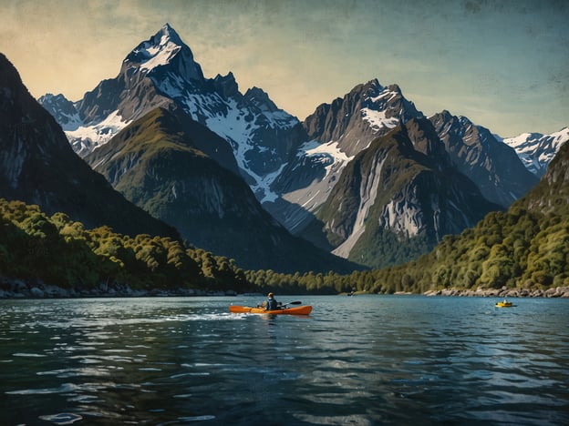 Auf dem Bild sieht man eine malerische Landschaft mit hohen Bergen und einem ruhigen Gewässer, in dem Personen im Kajak paddeln. Solche Locations sind ideale Abenteuerreiseziele für Paare. Hier sind einige Vorschläge:

1. **Neuseeland**: Die Fjorde und Seen, wie im Bild, sind perfekt für Kajaktouren und romantische Wanderungen in einem atemberaubenden Naturparadies.

2. **Kanada**: Die Nationalparks bieten wunderschöne Seen und Berglandschaften, die sich hervorragend für ein gemeinsames Outdoor-Abenteuer eignen.

3. **Schottland**: Die Highlands sind ein romantischer Ort für Liebende, die gerne wandern und die Natur erkunden.

4. **Norwegen**: Die Fjorde sind nicht nur spektakulär, sondern auch ideal für Kajakfahren und eine atemberaubende Kulisse für Paare.

5. **Kroatien**: Die Küstenlinie und die Inseln bieten faszinierende Möglichkeiten für Kajakfahrten und gemeinsames Entspannen am Wasser.

Ein solcher Ausblick schafft die perfekte Stimmung für unvergessliche gemeinsame Erlebnisse.