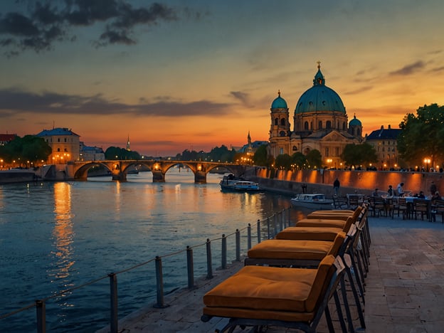 Auf dem Bild ist eine malerische Abendaufnahme einer Stadtlandschaft am Wasser zu sehen, die durch warmes Licht und eine romantische Atmosphäre besticht. Im Hintergrund sieht man eine prächtige Kathedrale mit einer markanten Kuppel, die im Abendlicht strahlt. Die ruhigen Wasserflächen reflektieren die Lichter der Stadt und schaffen eine bezaubernde Kulisse für Paare.

Kulturelle Highlights für Paare könnten Spaziergänge entlang der Uferpromenade, romantische Bootstouren auf dem Wasser oder ein Besuch in einem der gemütlichen Cafés mit Blick auf die atemberaubende Architektur sein. Diese Umgebung lädt dazu ein, gemeinsam magische Momente zu erleben und die Schönheit der Stadt zu genießen.