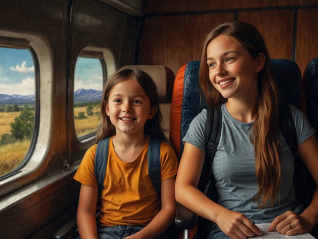 Auf dem Bild sind zwei Kinder zu sehen, die im Zug sitzen und aus dem Fenster schauen. Sie wirken glücklich und entspannen sich während der Reise. 

Hier sind einige Tipps für das Reisen mit Kindern:

1. **Unterhaltung mitnehmen**: Bringen Sie Bücher, Malhefte oder Tablets mit, um die Kinder während der Fahrt zu beschäftigen.

2. **Snacks vorbereiten**: Gesunde Snacks sind wichtig, um die Kinder während der Reise bei Laune zu halten.

3. **Regelmäßige Pausen einplanen**: Wenn möglich, planen Sie Stopps ein, damit sich die Kinder die Beine vertreten können.

4. **Reisezeit spielerisch gestalten**: Organisieren Sie Spiele, die die Kinder während der Fahrt spielen können, wie „Ich sehe was, was du nicht siehst“.

5. **Komfortables Gepäck**: Achten Sie darauf, dass die Rucksäcke der Kinder leicht und mit ihren Lieblingssachen gefüllt sind.

Mit diesen Tipps wird das Reisen mit Kindern entspannter und angenehmer!