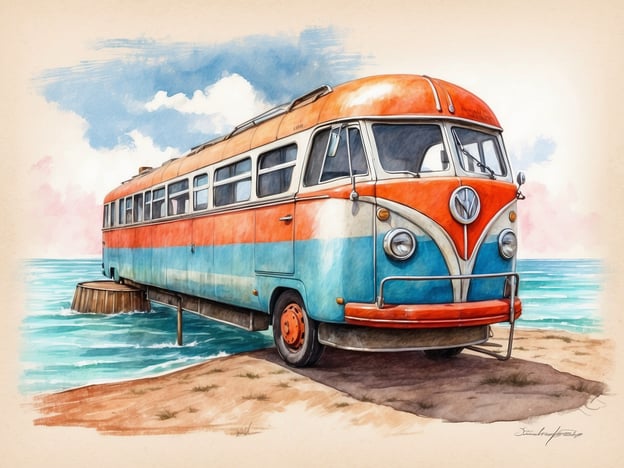 Auf dem Bild ist ein bunter VW-Bus zu sehen, der an einem Steg am Wasser steht. Diese Art von Fahrzeug wird oft für Roadtrips und Campingausflüge verwendet, was zu einem Gefühl von Freiheit und Abenteuer einlädt. Die fröhlichen Farben des Busses könnten auch Erinnerungen an Sommerausflüge und Strandtage hervorrufen. Man könnte sich vorstellen, wie eine Gruppe von Freunden oder einer Familie darin sitzt und die Natur genießt, vielleicht mit einem Picknick am Strand oder einem Sonnenuntergang. Die idyllische Umgebung lädt dazu ein, Zeit im Freien zu verbringen und unbeschwerte Tage zu genießen.