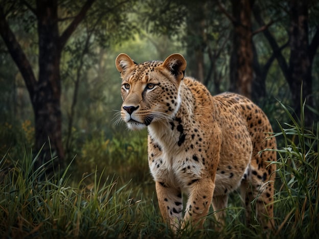 Auf dem Bild ist ein majestätischer Leopard zu sehen, der in einer üppigen, grünen Umgebung steht. Die dichte, facettenreiche Landschaft mit hohen Gräsern und verstreuten Bäumen schafft einen interessanten Lebensraum. Der Leopard, mit seinem auffälligen, gefleckten Fell, ist perfekt an seine Umgebung angepasst und verkörpert die Schönheit und Vielfalt der Tierwelt. Diese Szene gibt einen tiefen Einblick in die Natur und zeigt, wie Tiere in ihren natürlichen Lebensräumen agieren.