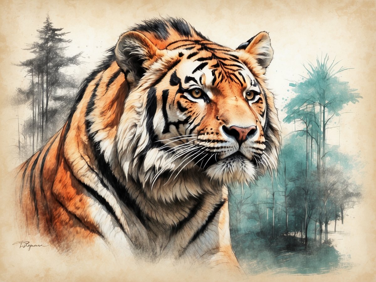 Ein majestätischer Tiger mit leuchtend orangefarbenem Fell und auffälligen schwarzen Streifen betrachtet den Betrachter mit intensiven Augen. Im Hintergrund sind stilisierte, sanft skizzenhafte Bäume und Büsche zu sehen, die eine natürliche Umgebung schaffen. Die Mischung aus kräftigen Farben und sanften Tönen verleiht dem Bild eine künstlerische Note und lässt den Tiger sehr lebendig erscheinen.