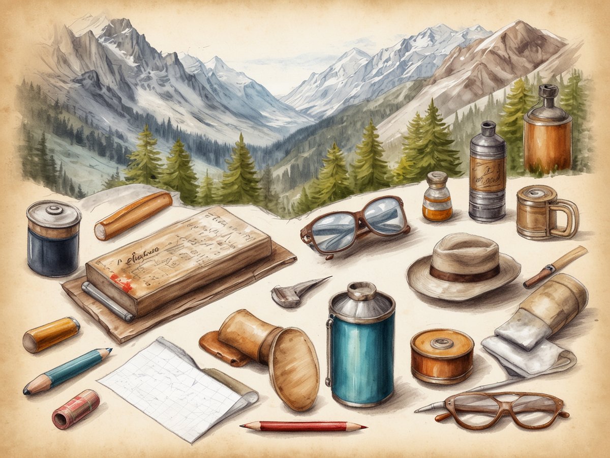 Auf dem Bild sind verschiedene Reiseutensilien und persönliche Gegenstände zu sehen, die auf einem Tisch liegen. Dazu gehören ein Notizbuch mit handschriftlichen Notizen, mehrere Stifte, eine Karte, eine Wasserflasche, eine Kaffeetasse sowie Sonnenbrillen und ein Hut. Im Hintergrund befinden sich majestätische Berge und ein bewaldeter Hang, was eine alpine Landschaft zeigt. Die Gegenstände sind sorgfältig angeordnet und vermitteln ein Gefühl von Abenteuerlust und Vorbereitung für eine Reise nach Kärnten.