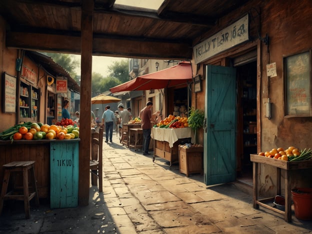 Auf dem Bild ist ein belebter Markt zu sehen, auf dem frisches Obst und Gemüse verkauft wird. Unterschiedliche Stände bieten bunte Produkte wie Orangen, Äpfel und Gemüse an. Die Atmosphäre wirkt einladend und lebhaft. Es scheint ein Ort zu sein, wo man günstig frische Lebensmittel kaufen kann. Solche Märkte sind ideal, um für wenig Geld gesunde und frische Nahrungsmittel zu erwerben.