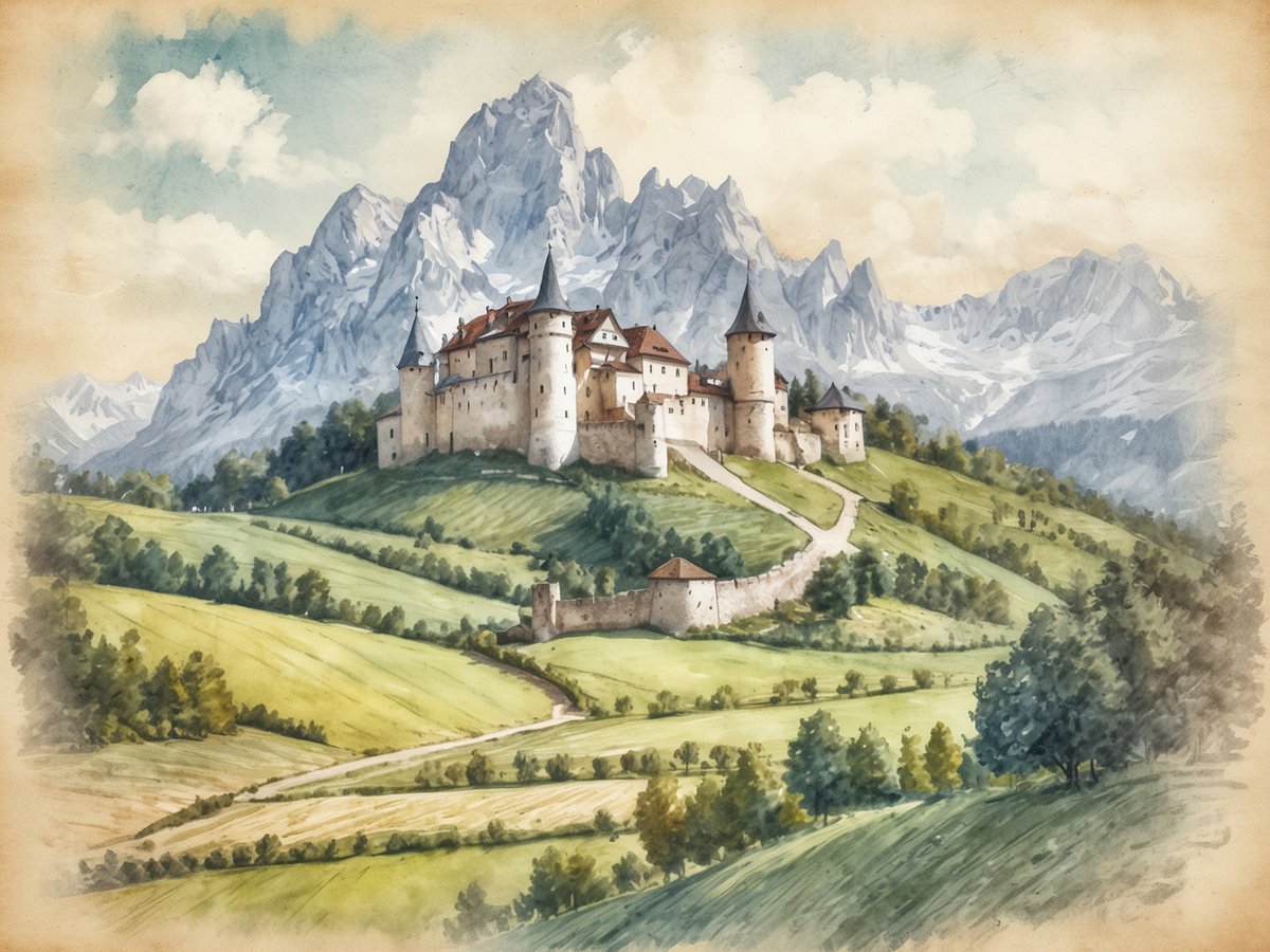 Eine malerische Burg auf einem Hügel vor einer beeindruckenden Bergkulisse. Die Burg ist von Türmen und Mauern umgeben und von grünen Feldern sowie Wäldern umgeben. Im Hintergrund erheben sich majestätische Berge mit schneebedeckten Gipfeln. Für eine Reise in die Steiermark sind Besuche der historischen Burgen empfehlenswert, zusammen mit Wanderungen in der umliegenden Natur und der Erkundung der lokalen Weinkultur.