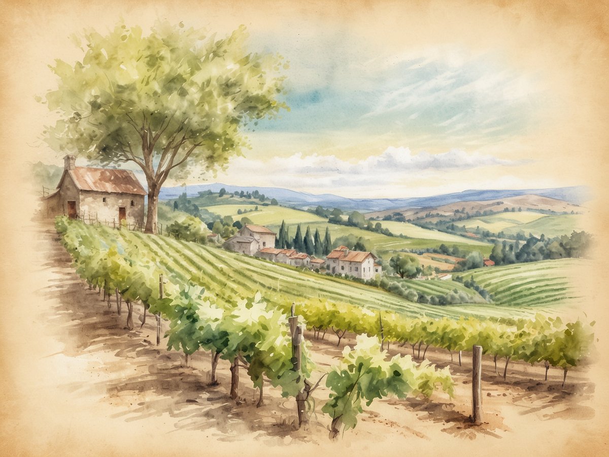 Eine malerische Landschaft im Burgenland mit sanften Hügeln, die von Weinreben bedeckt sind. Im Vordergrund erstrecken sich grüne Weinreben, die in gleichmäßigen Reihen angelegt sind. Ein rustikales, kleines Gebäude mit einem roten Dach steht unter einem großen Baum, der Schatten bietet. Im Hintergrund sind weitere Häuser und die sanfte Berglandschaft zu sehen, unter einem hellen Himmel mit leichten Wolken. Diese Szene strahlt Ruhe und Idylle aus und lädt dazu ein, die wunderschöne Natur und die Weinbaukultur des Burgenlandes zu entdecken.