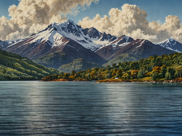 Das Bild zeigt eine atemberaubende Landschaft mit unberührter Natur. Im Vordergrund spiegelt sich ein ruhiger See, umgeben von grünen Uferbereichen. Im Hintergrund erhebt sich eine majestätische Bergkette, deren Gipfel mit Schnee bedeckt sind, während einige Wolken über den Bergen schweben. Die Kombination aus Wasser, Bergen und üppigem Grün vermittelt ein Gefühl der Ruhe und Unberührtheit der Natur.