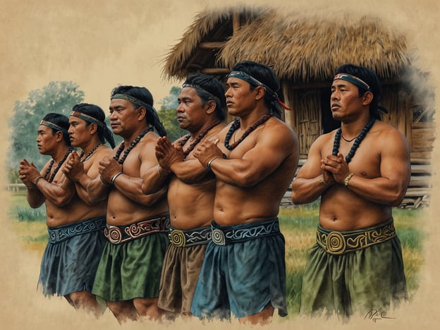 Auf dem Bild sind mehrere Männer in traditioneller Maori-Kleidung zu sehen. Sie stehen in einer Reihe und scheinen sich auf eine Art Zeremonie oder einen kulturellen Ausdruck vorzubereiten. Die Maori-Kultur legt großen Wert auf Gemeinschaft und Ahnenverehrung, und diese Art der Darstellung könnte Teil eines Haka sein, einem traditionellen Tanz, der oft bei bedeutenden Anlässen aufgeführt wird, um Respekt und Stärke auszudrücken.

Die Kleider der Männer sind mit auffälligen Mustern verziert, die oft symbolische Bedeutungen haben. Die Verantwortung, die durch solche Darstellungen getragen wird, ist tief in den Traditionen und dem Erbe der Maori verankert, wobei Stärke, Mut und der Zusammenhang mit dem Land und der Gemeinschaft betont werden.