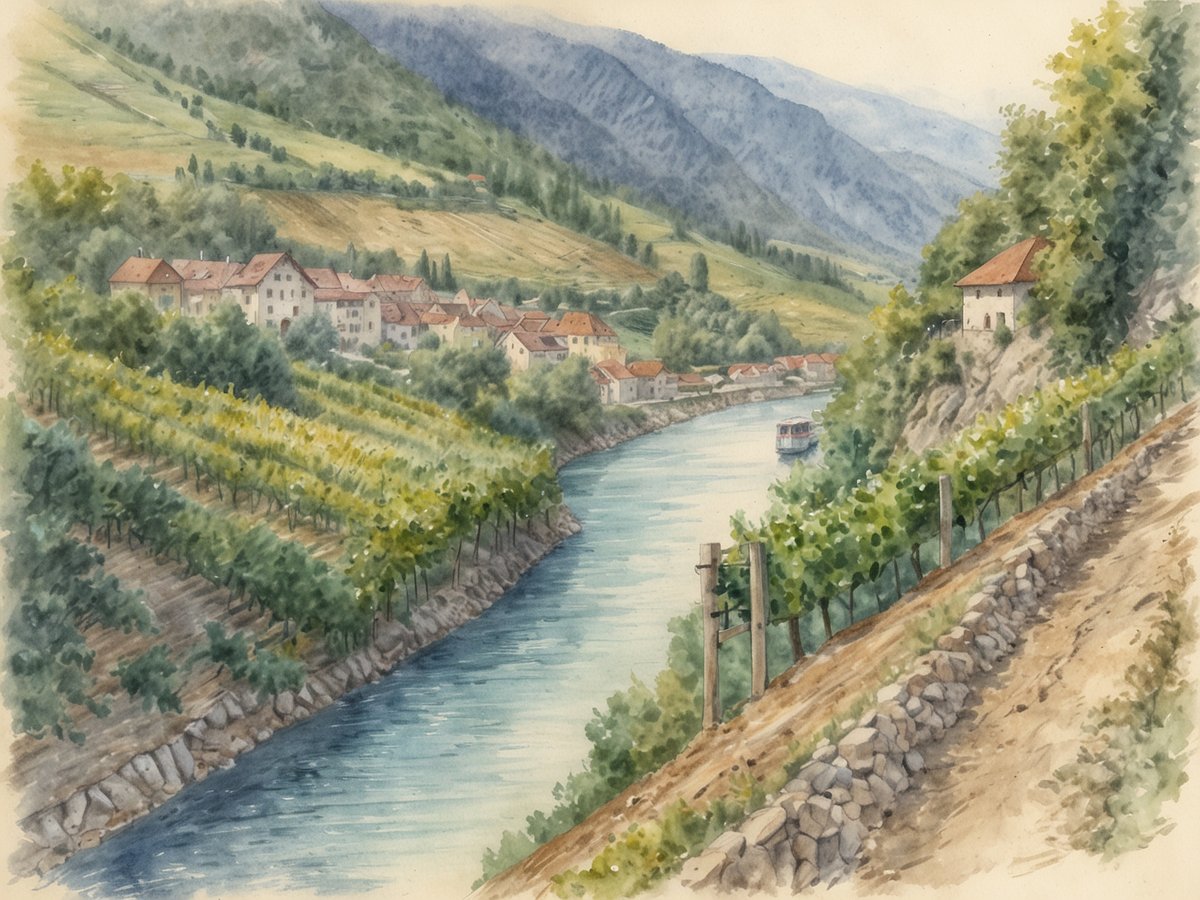 Eine malerische Landschaft mit sanften Hügeln und Weinbergen, die entlang eines Flusses angelegt sind. Im Hintergrund sind charmante kleine Häuser mit roten Dächern zu sehen, die sich harmonisch in die Umgebung einfügen. Der Fluss fließt ruhig durch das Bild, und in der Mitte ist ein kleines Boot zu erkennen, das sanft auf dem Wasser schaukelt. Das Bild vermittelt eine friedliche und idyllische Atmosphäre, die typisch für die schönsten Orte für einen Urlaub in Niederösterreich ist.