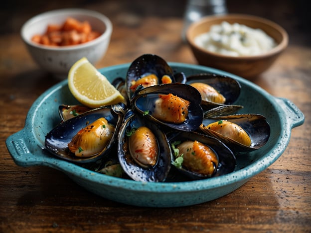 Auf dem Bild sind köstliche Muscheln zu sehen, die in einer ansprechenden blauen Schale serviert werden. Sie sind liebevoll zubereitet und scheinen mit einer pikanten Marinade gewürzt zu sein. Ein Spritzer frischer Zitrone verleiht dem Gericht eine erfrischende Note, während kleine Kräuter das Ganze ansprechend garnieren.

Im Hintergrund sehen wir eine Schale mit eingelegten Karotten sowie eine weitere mit einer cremigen Sauce, die wahrscheinlich als Dip oder Beilage dient. Dieses Gericht könnte ein typisches Beispiel für ein kulinarisches Erlebnis an der Küste sein, wo frische Meeresfrüchte geschätzt werden. Es erinnert an lokale Spezialitäten, die in vielen Küstenregionen, wie zum Beispiel in der mediterranen oder norddeutschen Küche, häufig serviert werden. Die Kombination aus frischen Zutaten und regionalen Aromen macht solch ein Gericht besonders attraktiv.