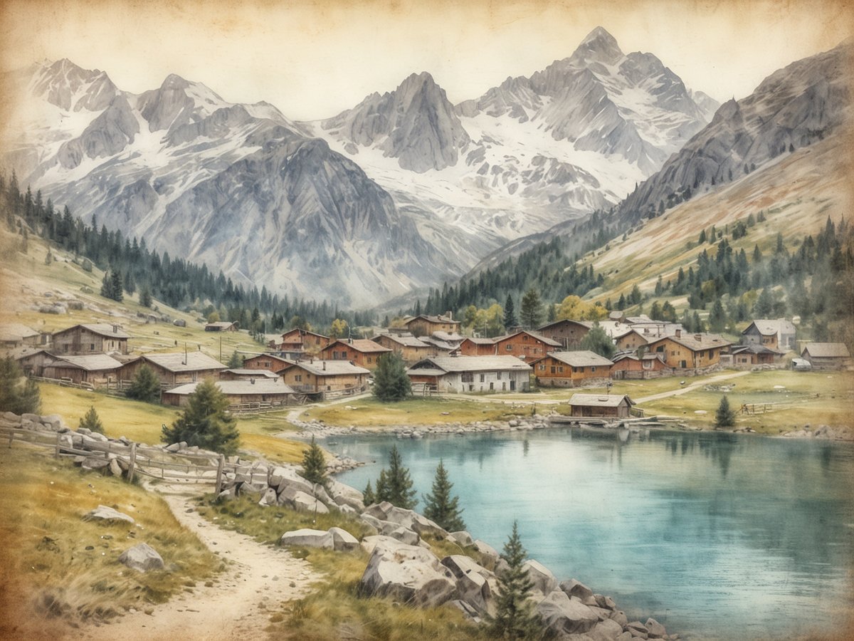 Eine malerische Berglandschaft in Oberösterreich mit einem kleinen, charmanten Dorf am Ufer eines glitzernden Sees. Umgeben von hohen, schneebedeckten Bergen und bewaldeten Hügeln, vermitteln die traditionellen Holzhäuser des Dorfes ein Gefühl von Ruhe und Anziehung. Der Weg, der am Wasser entlangführt, lädt dazu ein, die natürliche Schönheit der Umgebung zu erkunden. Die harmonische Kombination aus Wasser, Bergen und Architektur macht diesen Ort zu einem idealen Ziel für Naturfreunde und Erholungssuchende, die die atemberaubende Landschaft Oberösterreichs einmal im Leben erleben möchten.