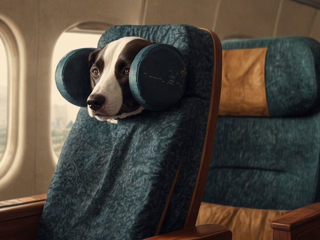 Auf dem Bild ist ein Hund zu sehen, der auf einem Flugzeugsitz sitzt. Der Hund hat ein Nackenkissen um seinen Hals, was auf einen gewissen Komfort während des Fluges hindeutet. Im Hintergrund sind Flugzeugfenster zu erkennen, die auf die Reise im Flugzeug schließen lassen. Die gesamte Szene vermittelt eine humorvolle und entspannte Atmosphäre.