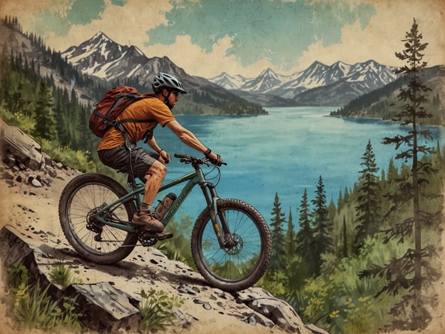 Auf dem Bild ist ein Mountainbiker zu sehen, der auf einem schmalen Pfad an einem See entlang fährt. Um ihn herum erstreckt sich eine malerische Landschaft mit Bergen und dichten Wäldern. Diese Szene symbolisiert die vielfältigen Freizeitmöglichkeiten, die die Natur bietet, wie zum Beispiel Radfahren, Wandern und die Erkundung der Landschaft. Solche Aktivitäten fördern nicht nur die Fitness, sondern ermöglichen auch eine tiefe Verbindung zur Natur und tragen zur Entspannung bei.