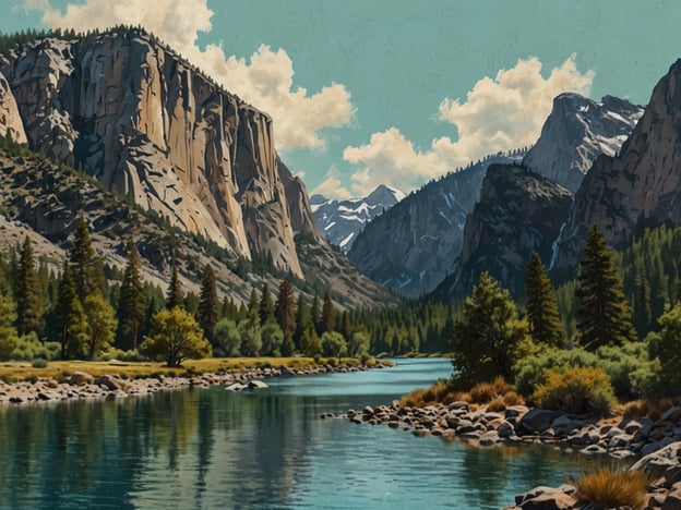 Auf dem Bild ist eine malerische Landschaft mit hohen Felsen, einer ruhigen Wasseroberfläche und üppiger Vegetation zu sehen. Diese Szenerie könnte an den Yosemite-Nationalpark in Kalifornien erinnern, der für seine majestätischen Granitklippen, Wasserfälle und beeindruckende Täler bekannt ist. Die Kombination aus Bergen, Wald und Wasser macht diesen Park zu einem der faszinierendsten Naturschätze Nordamerikas.