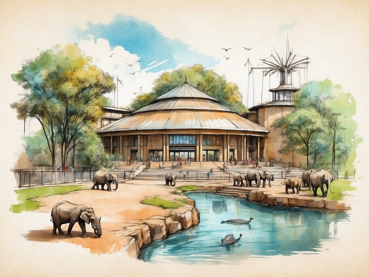 Das Bild zeigt eine künstlerische Darstellung des Zoo Leipzig mit einem großen Verwaltungsgebäude im Vordergrund, das ein markantes, rundes Dach hat. Rund um das Gebäude sind mehrere Elefanten zu sehen, die sich auf einer Wiese und in der Nähe eines Gewässers bewegen. Im Wasser schwimmen einige Enten. Die Umgebung ist von zahlreichen Bäumen umgeben, und im Hintergrund sind Menschen zu sehen, die den Zoo besuchen. Der Himmel ist hell und zeigt einige Wolken sowie Vögel im Flug.