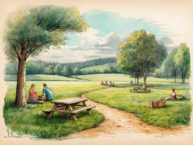 Auf dem Bild ist eine idyllische Parklandschaft zu sehen. Es gibt eine große, grüne Wiese mit mehreren Bäumen. Einige Menschen sitzen an Picknicktischen oder auf dem Gras. Ein Paar sitzt unter einem Baum und scheint einen Korb mit Essen zu haben, während sie die Zusammenkunft genießen. Weitere Personen sind in der Ferne zu sehen, die ebenfalls eine entspannte Zeit im Freien verbringen, vielleicht mit Snacks oder Getränken. Die Atmosphäre strahlt Ruhe und Geselligkeit aus, ideal für ein Picknick im Park.