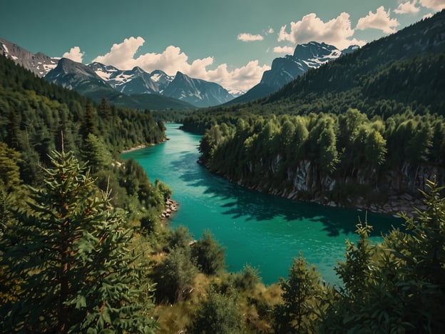 Auf dem Bild ist eine wunderschöne Landschaft mit einem klaren, türkisfarbenen Fluss zu sehen, der sich zwischen bewaldeten Hügeln und majestätischen Bergen schlängelt. Diese Szenerie erinnert an einige der schönsten Nationalparks Europas, wie den Nationalpark Berchtesgaden in Deutschland, bekannt für seine beeindruckenden Bergpanoramen, oder den Nationalpark Cinque Terre in Italien, berühmt für seine atemberaubenden Küstenlandschaften. Auch der Nationalpark Plitvicer Seen in Kroatien könnte hier in Betracht gezogen werden, da er für seine kristallklaren Seen und üppigen Wälder bekannt ist. Die Natur zeigt sich hier in ihrer vollen Pracht, ideal für Erholungssuchende und Naturliebhaber.