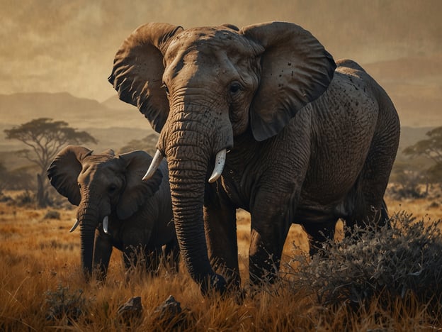 Auf dem Bild sind zwei Elefanten zu sehen, die in einer weiten, natürlichen Landschaft stehen. Solche Szenen sind typisch für einige der unvergleichlichen Nationalparks in Afrika, wie den Amboseli-Nationalpark in Kenia oder den Etosha-Nationalpark in Namibia. Diese Parks sind bekannt für ihre beeindruckende Tierwelt und wunderschönen Landschaften, in denen Elefanten oft majestätisch umherziehen. Die warmen, goldenen Töne der Umgebung verstärken die Schönheit der afrikanischen Savanne.